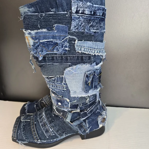 Custom Patchwork Denim Boots - Picture 3 of 8